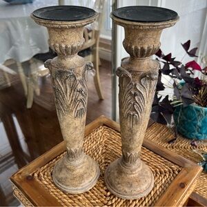 Vintage Two Traditional Antiqued Finish Pillar Carved Wood Decor Candle Holders